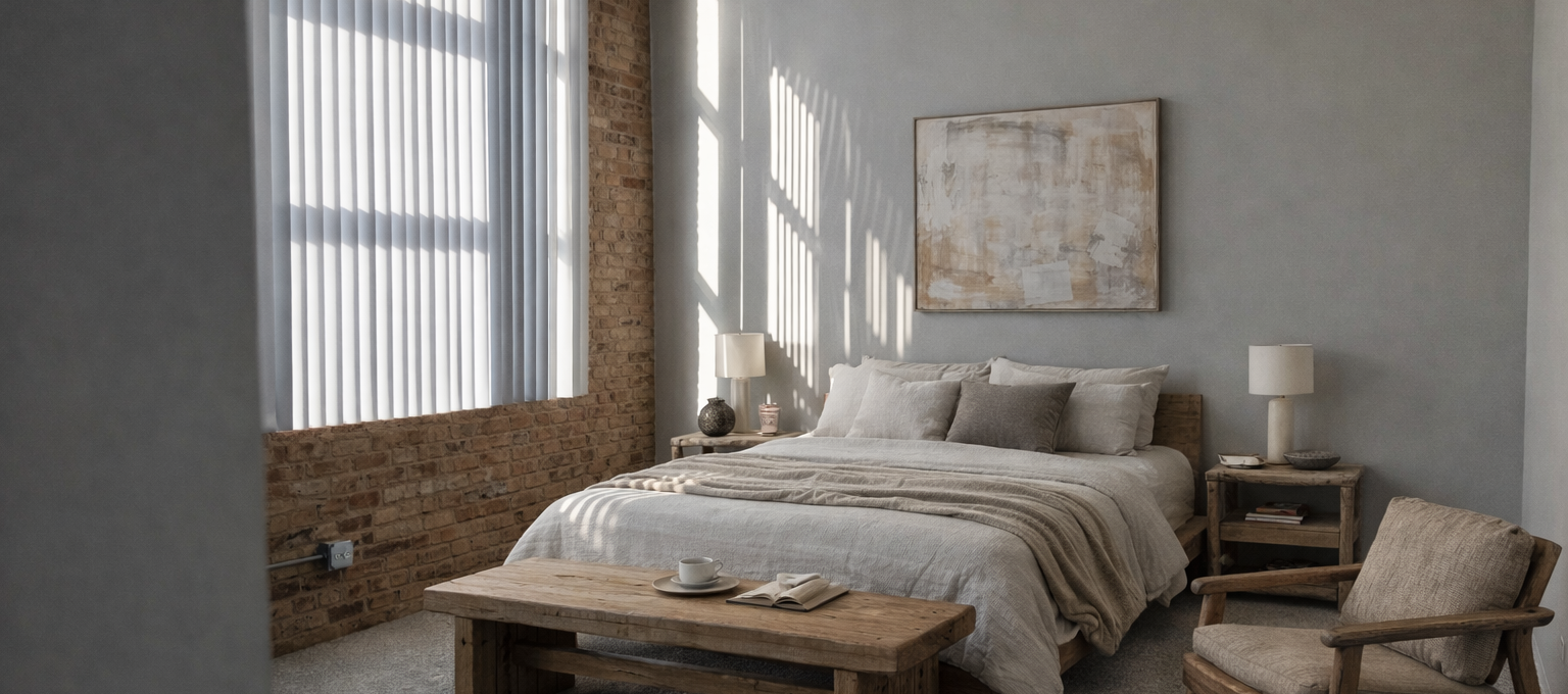 a room with a bed, a desk and a window